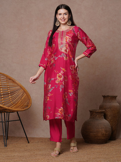Floral Printed Embroidered Straight Fit Kurta with Pant - Rani