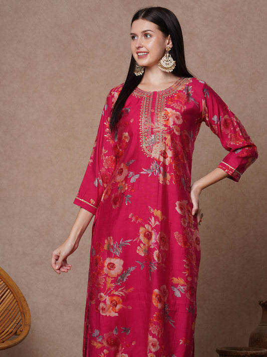 Floral Printed Embroidered Straight Fit Kurta with Pant - Rani
