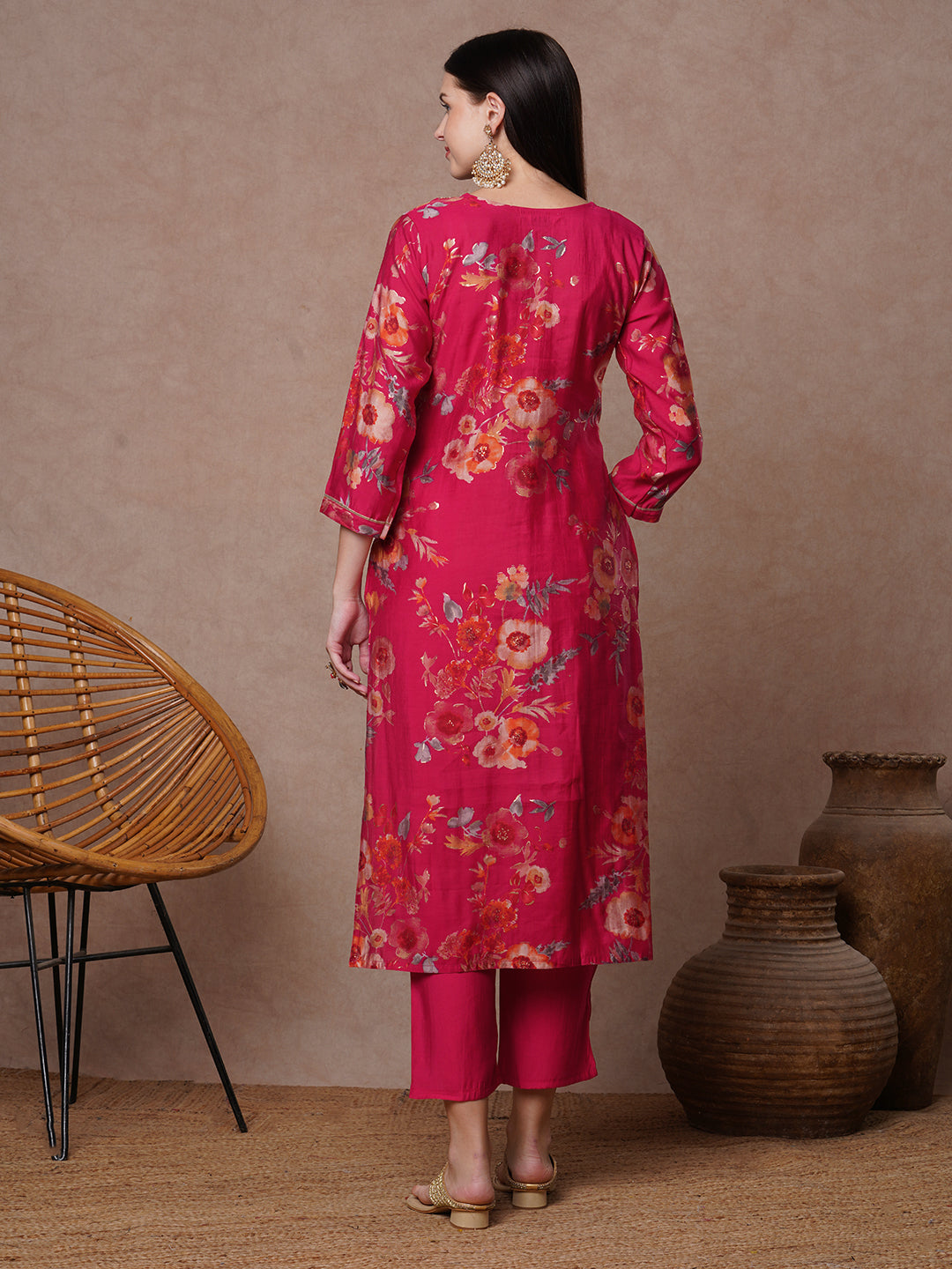 Floral Printed Embroidered Straight Fit Kurta with Pant - Rani
