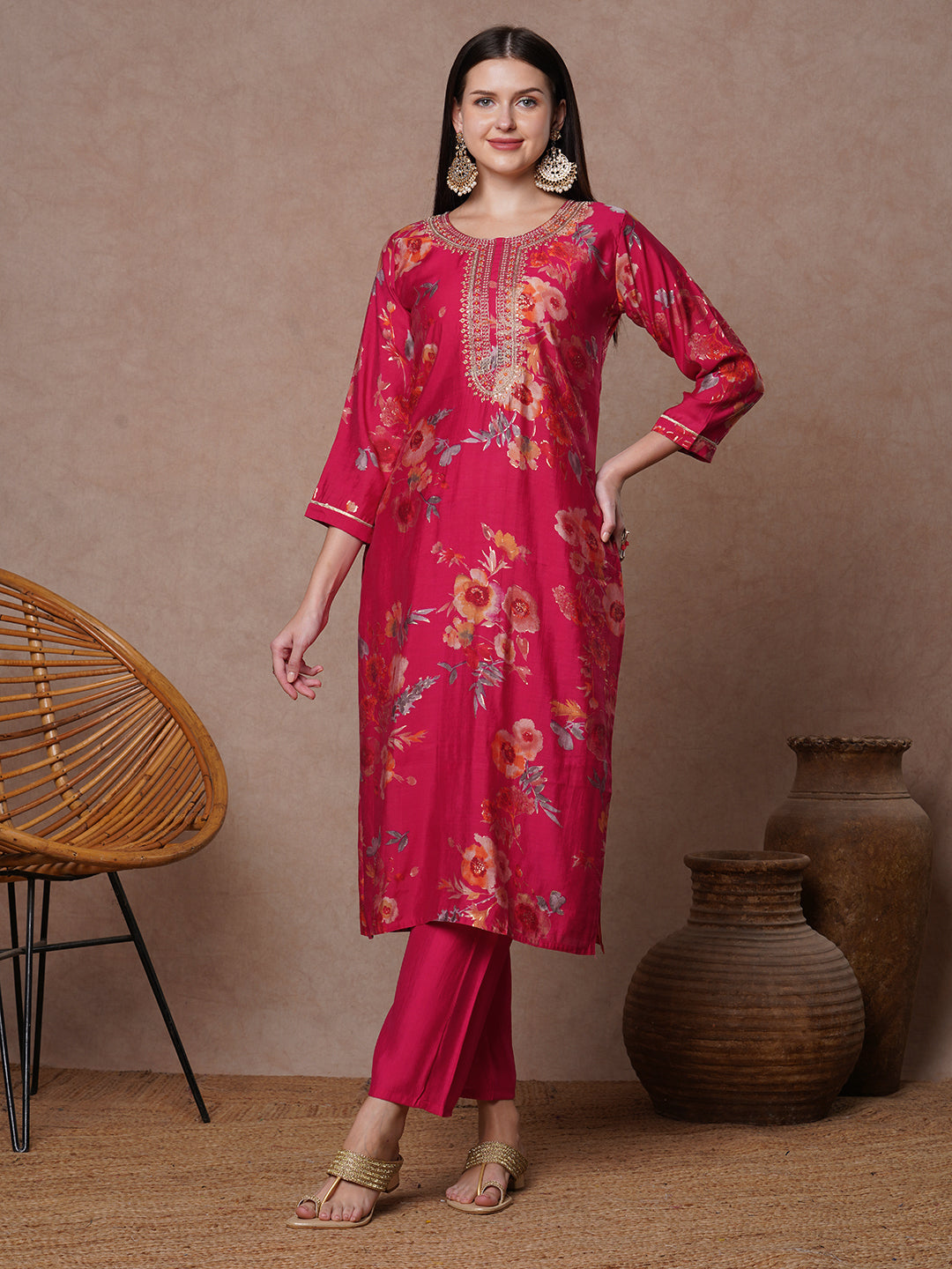 Floral Printed Embroidered Straight Fit Kurta with Pant - Rani
