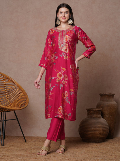 Floral Printed Embroidered Straight Fit Kurta with Pant - Rani
