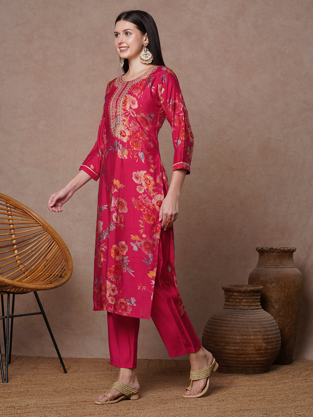 Floral Printed Embroidered Straight Fit Kurta with Pant - Rani