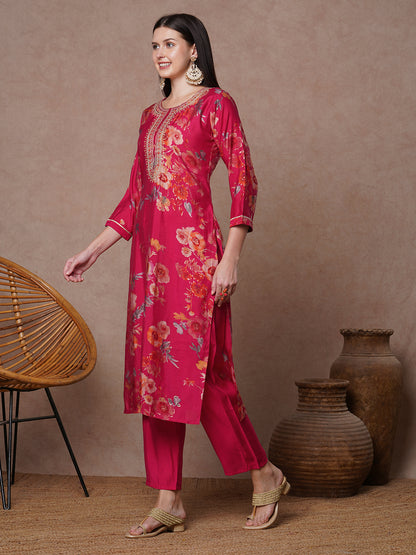Floral Printed Embroidered Straight Fit Kurta with Pant - Rani