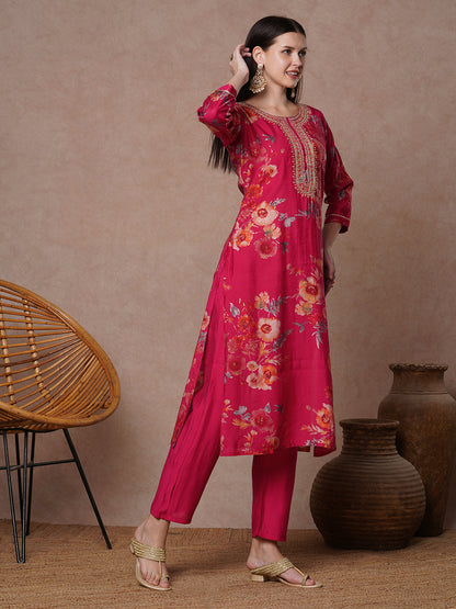Floral Printed Embroidered Straight Fit Kurta with Pant - Rani