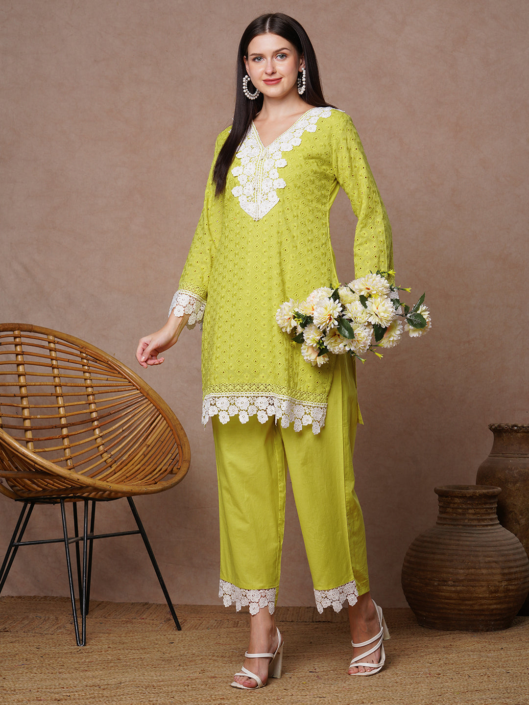 Ethnic Solid Floral Embroidered Straight Fit Co-ord Set - Lime Green