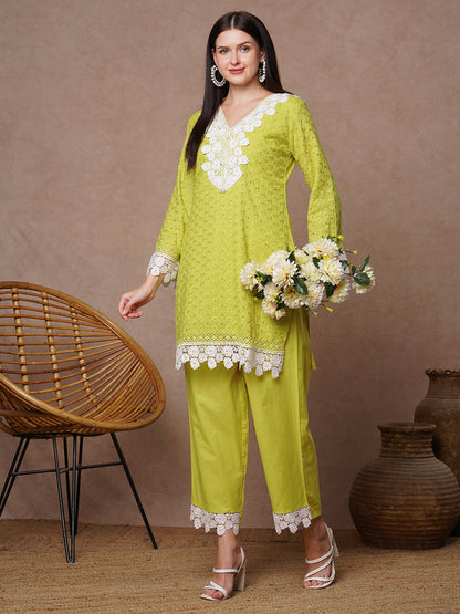 Ethnic Solid Floral Embroidered Straight Fit Co-ord Set - Lime Green