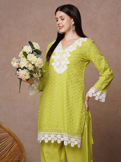 Ethnic Solid Floral Embroidered Straight Fit Co-ord Set - Lime Green