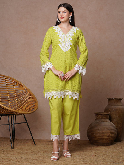 Ethnic Solid Floral Embroidered Straight Fit Co-ord Set - Lime Green