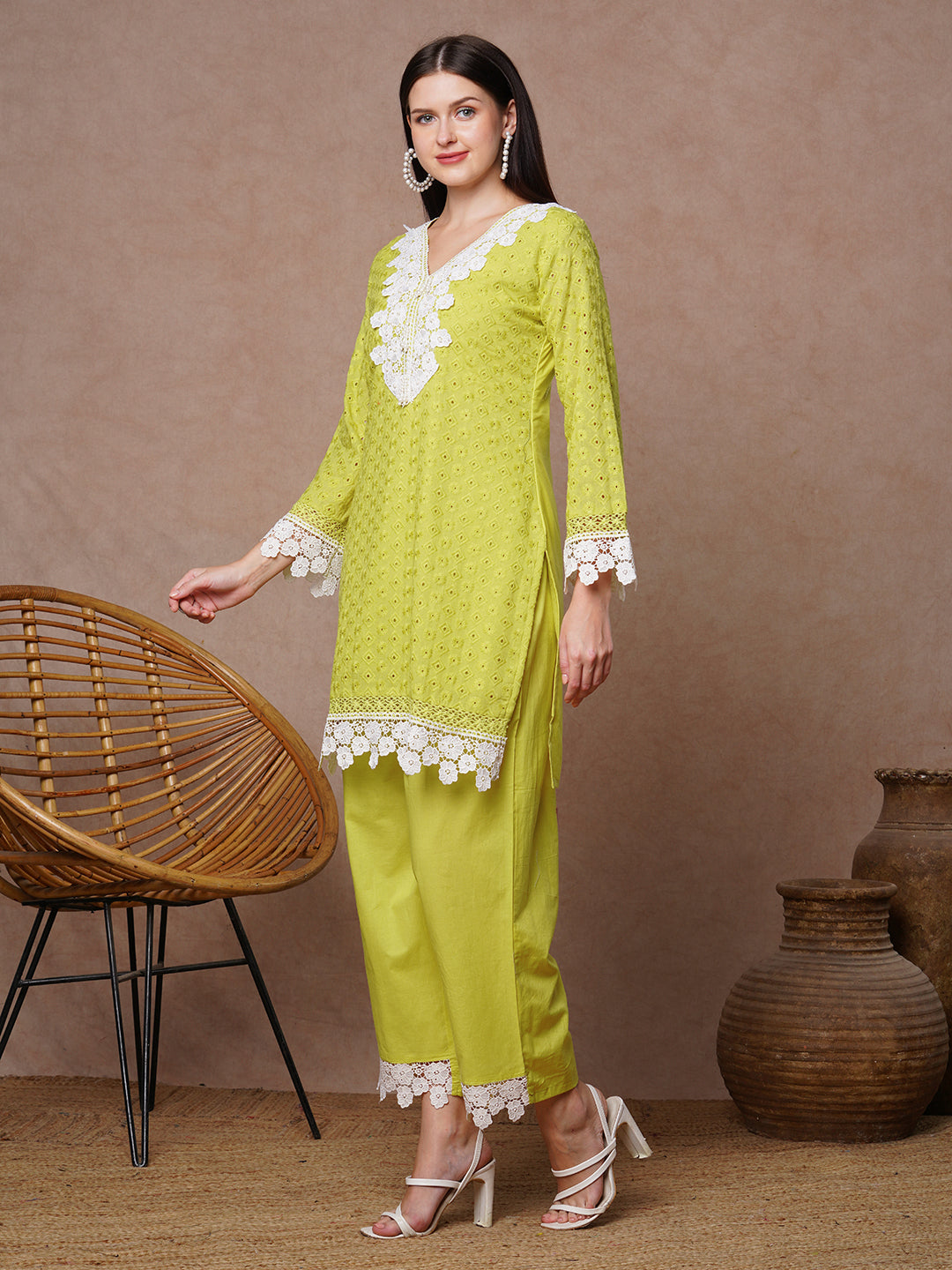 Ethnic Solid Floral Embroidered Straight Fit Co-ord Set - Lime Green