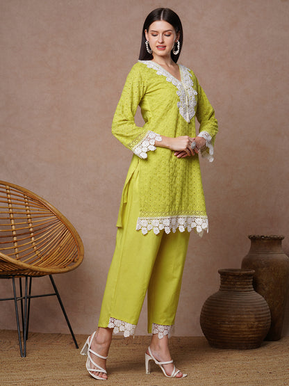 Ethnic Solid Floral Embroidered Straight Fit Co-ord Set - Lime Green