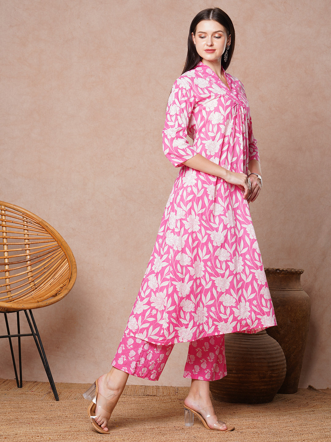 Abstract Floral Printed A-Line Paneled Co-ord Set -Pink