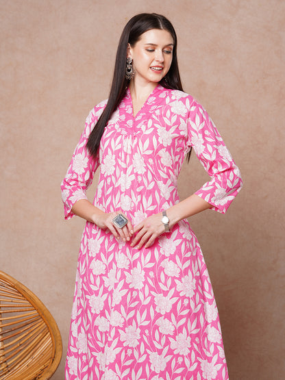 Abstract Floral Printed A-Line Paneled Co-ord Set -Pink