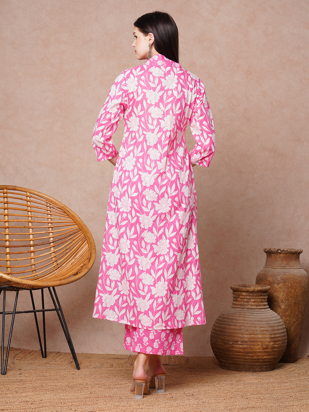 Abstract Floral Printed A-Line Paneled Co-ord Set -Pink