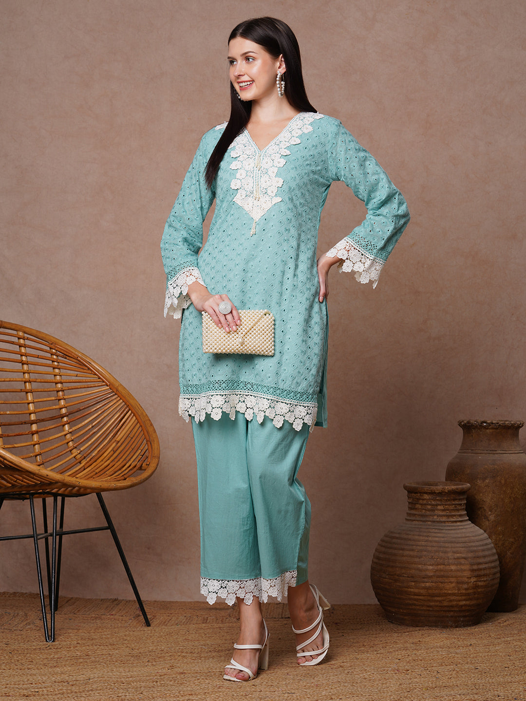 Ethnic Solid Floral Embroidered Straight Fit Co-ord Set - Blue