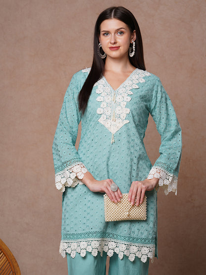 Ethnic Solid Floral Embroidered Straight Fit Co-ord Set - Blue