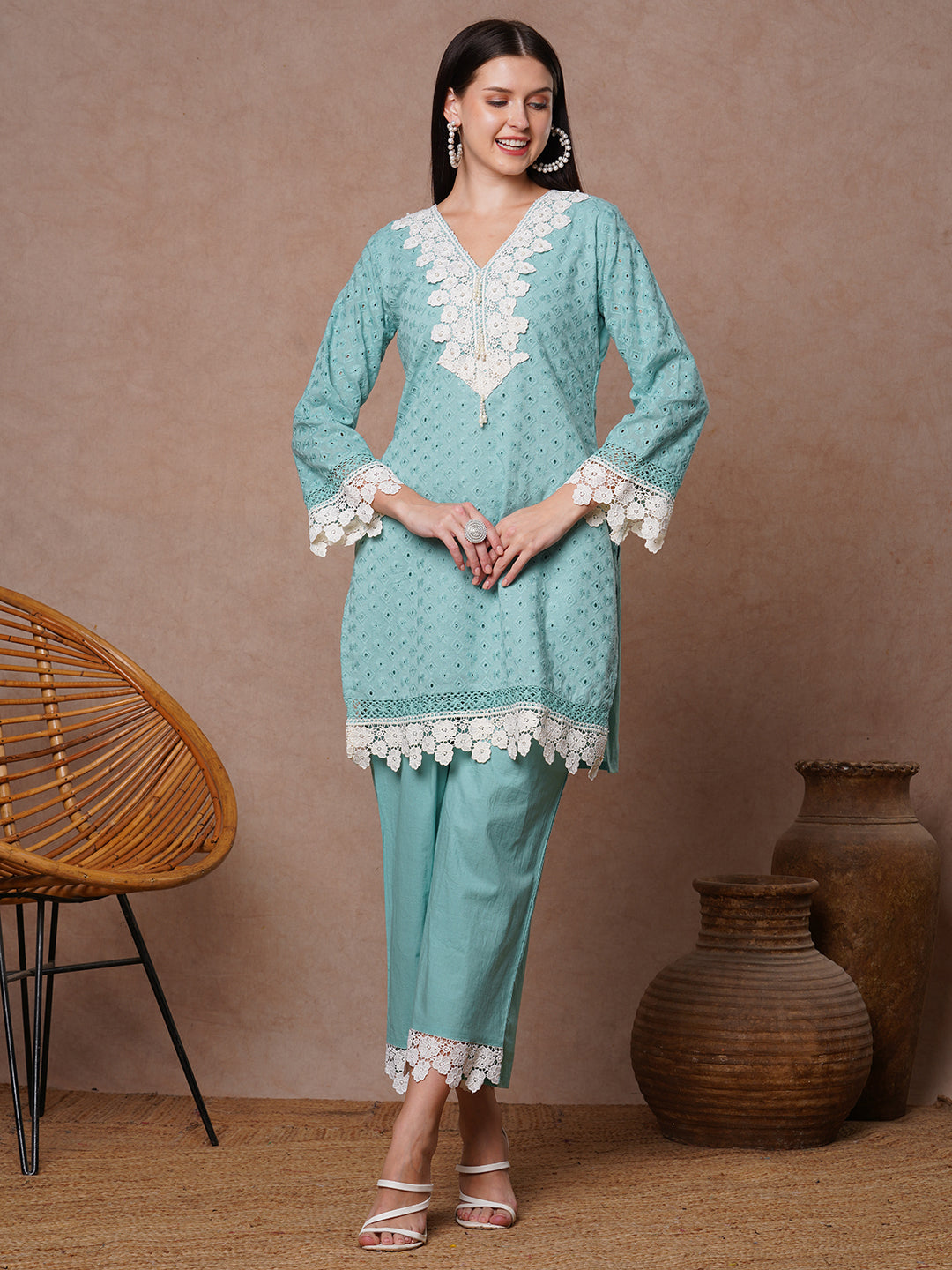 Ethnic Solid Floral Embroidered Straight Fit Co-ord Set - Blue