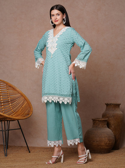 Ethnic Solid Floral Embroidered Straight Fit Co-ord Set - Blue