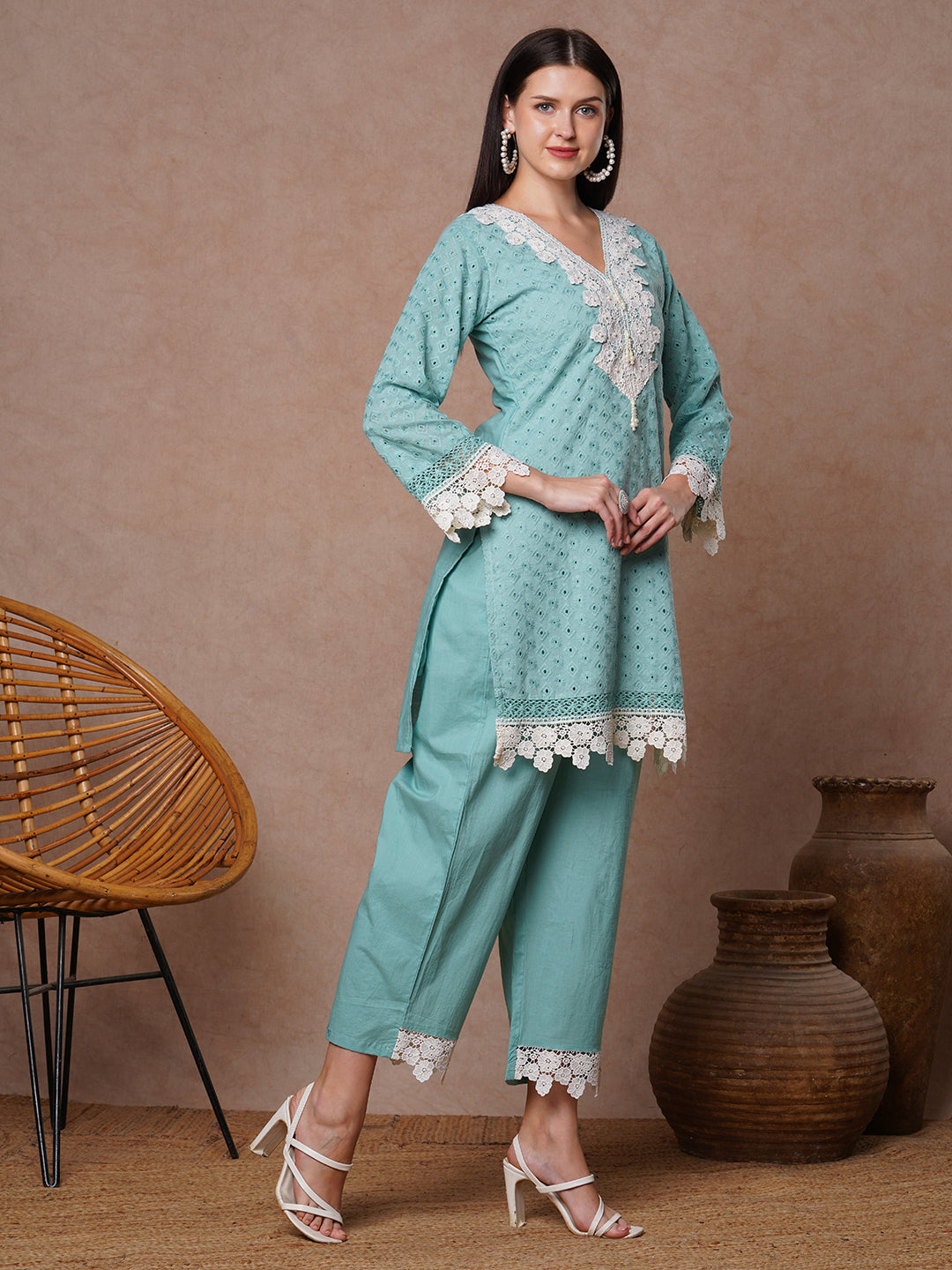 Ethnic Solid Floral Embroidered Straight Fit Co-ord Set - Blue