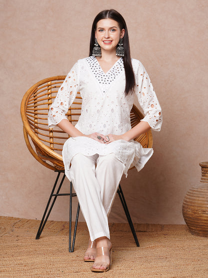 Solid Schiffli Mirror Embroidered Straight Fit Kurta with Pant - White