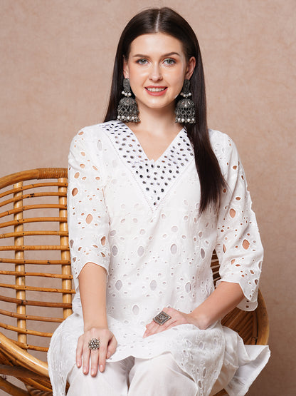 Solid Schiffli Mirror Embroidered Straight Fit Kurta with Pant - White