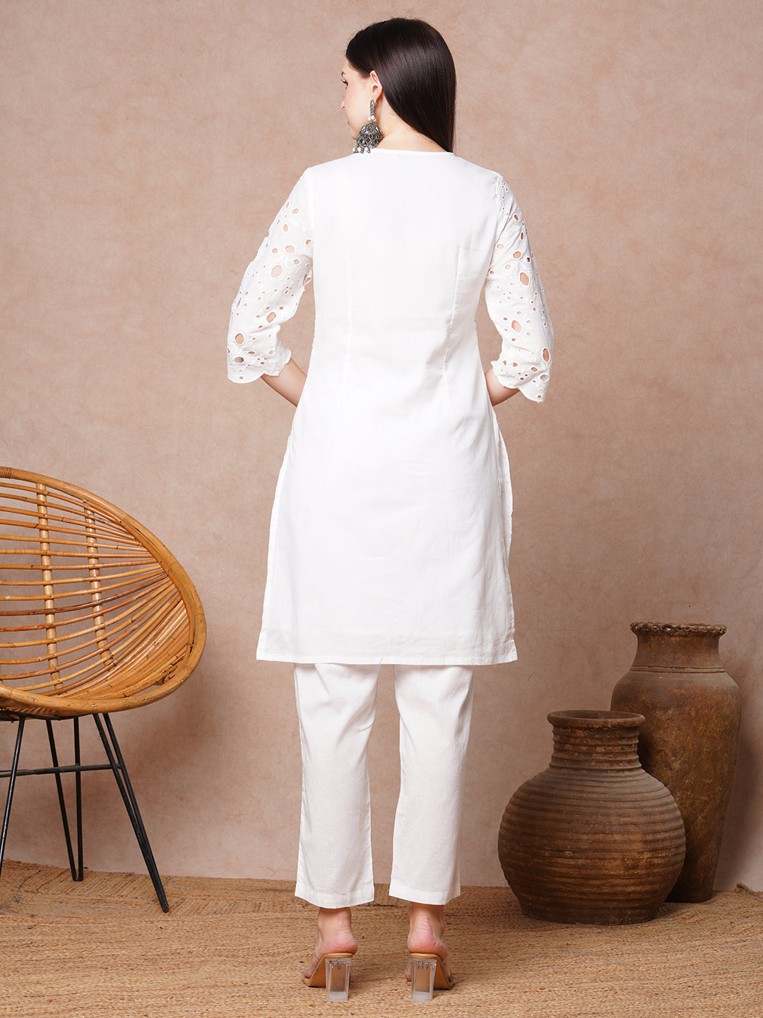 Solid Schiffli Mirror Embroidered Straight Fit Kurta with Pant - White