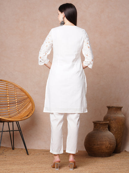 Solid Schiffli Mirror Embroidered Straight Fit Kurta with Pant - White