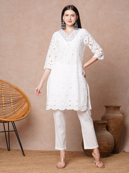 Solid Schiffli Mirror Embroidered Straight Fit Kurta with Pant - White