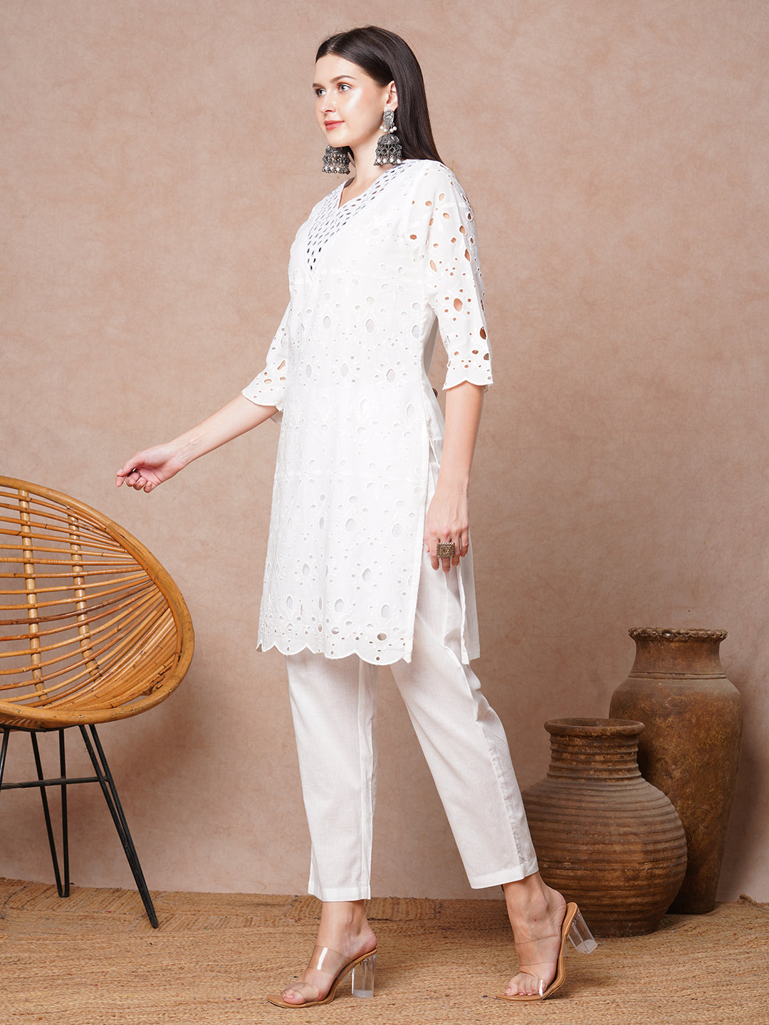 Solid Schiffli Mirror Embroidered Straight Fit Kurta with Pant - White