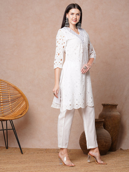 Solid Schiffli Mirror Embroidered Straight Fit Kurta with Pant - White