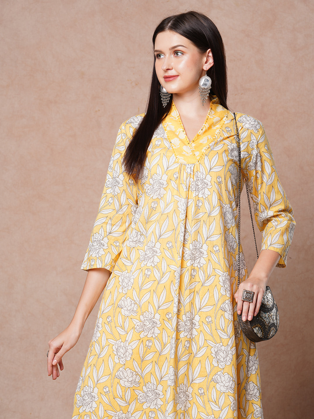 Abstract Floral Printed A-Line Paneled Co-ord Set -Yellow