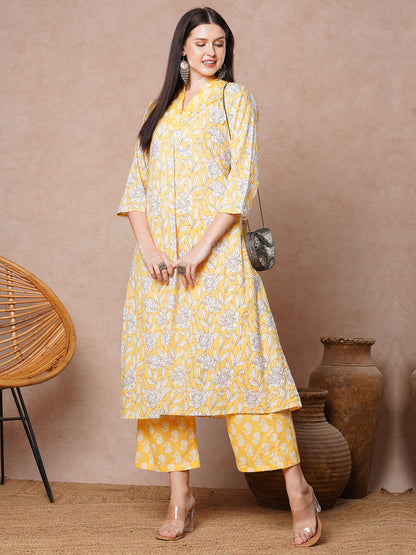 Abstract Floral Printed A-Line Paneled Co-ord Set -Yellow