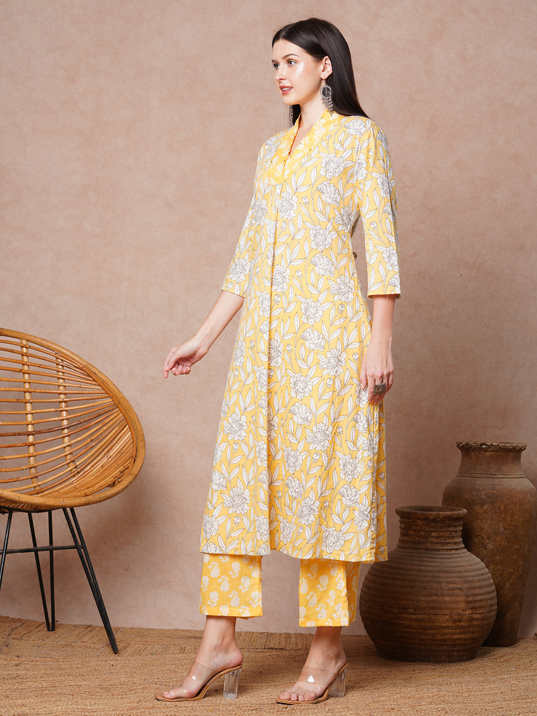 Abstract Floral Printed A-Line Paneled Co-ord Set -Yellow