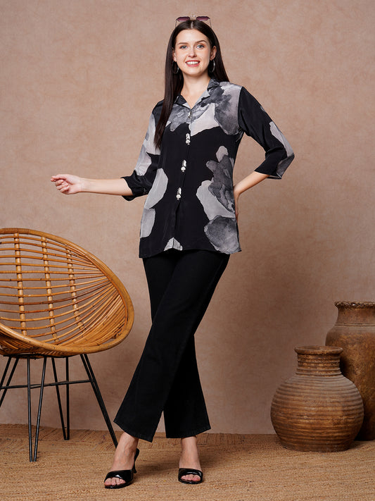 Abstract Printed Straight Fit Shirt - Black