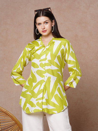 Abstract Printed Straight Fit Shirt - Yellow