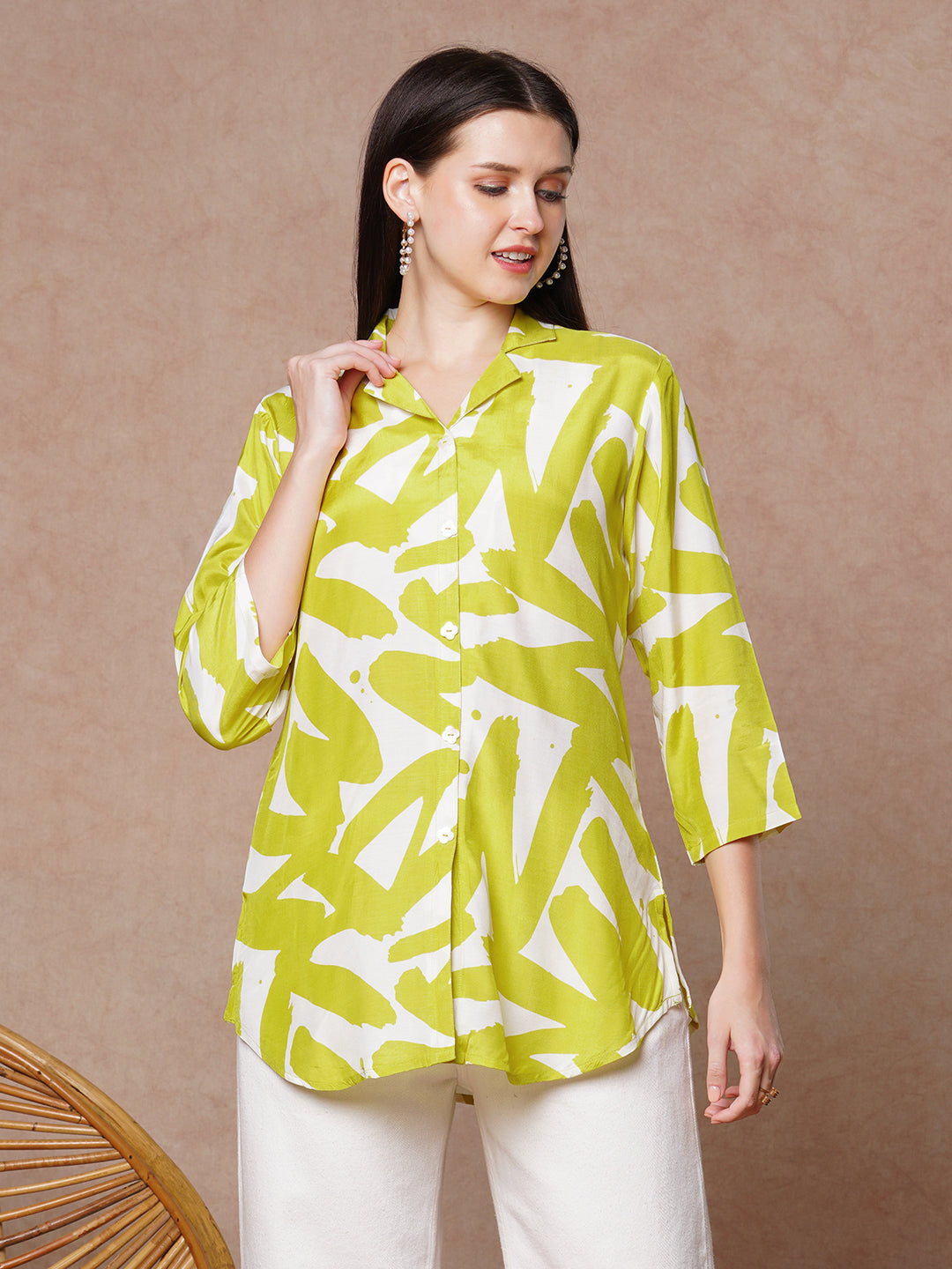 Abstract Printed Straight Fit Shirt - Yellow