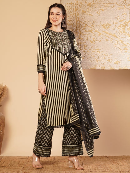 Abstract Stripes Printed & Embroidered Straight Kurta with Palazzo & Dupatta - Multi