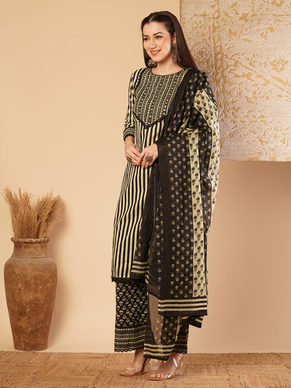 Abstract Stripes Printed & Embroidered Straight Kurta with Palazzo & Dupatta - Multi