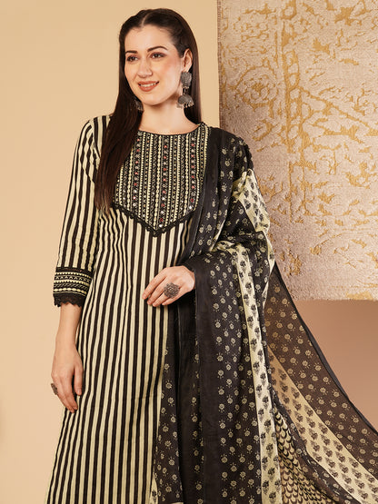 Abstract Stripes Printed & Embroidered Straight Kurta with Palazzo & Dupatta - Multi