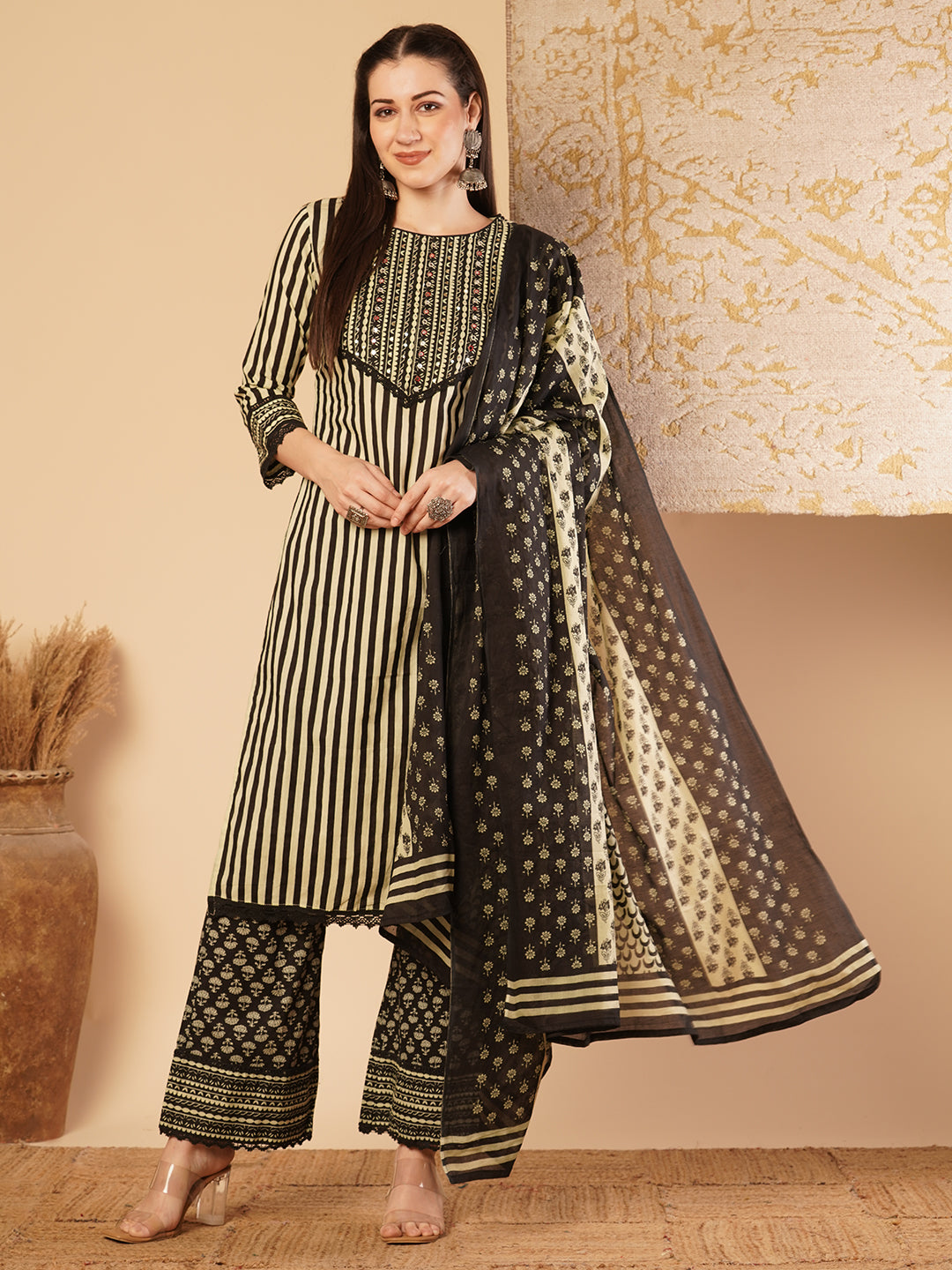 Abstract Stripes Printed & Embroidered Straight Kurta with Palazzo & Dupatta - Multi