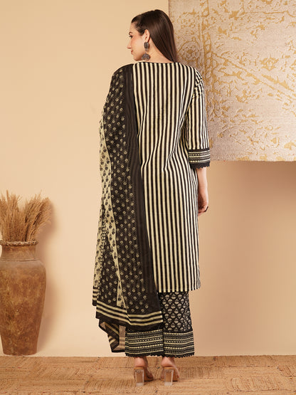 Abstract Stripes Printed & Embroidered Straight Kurta with Palazzo & Dupatta - Multi