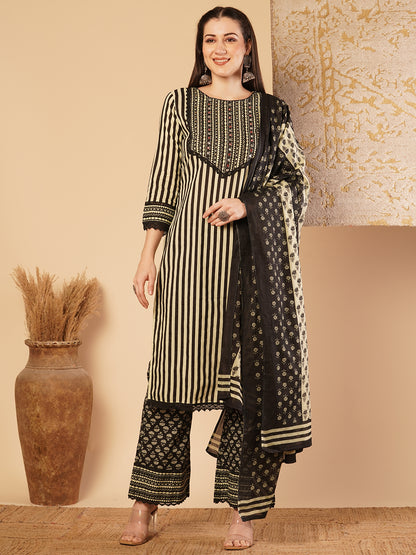 Abstract Stripes Printed & Embroidered Straight Kurta with Palazzo & Dupatta - Multi