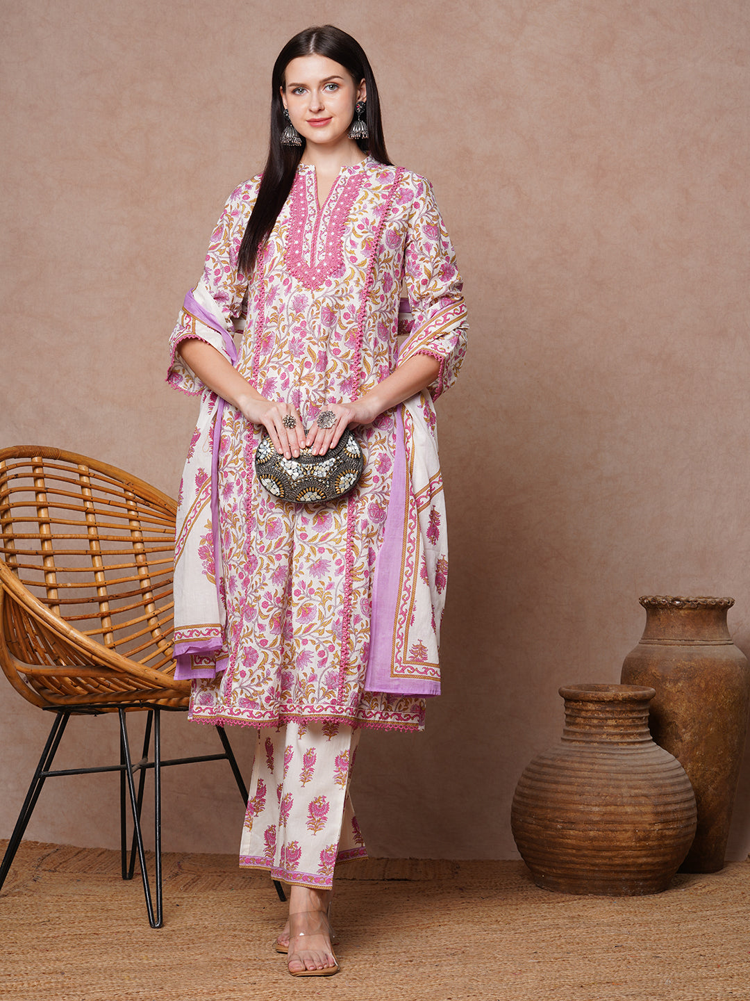 Ethnic Floral Printed & Embroidered A-Line Kurta with Palazzo & Dupatta - White