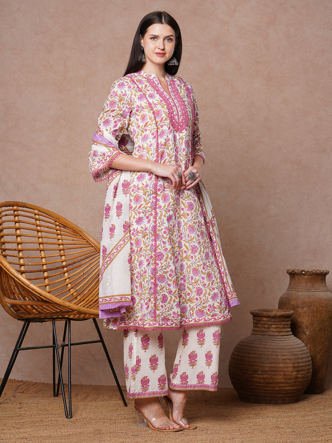 Ethnic Floral Printed & Embroidered A-Line Kurta with Palazzo & Dupatta - White