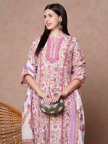 Ethnic Floral Printed & Embroidered A-Line Kurta with Palazzo & Dupatta - White