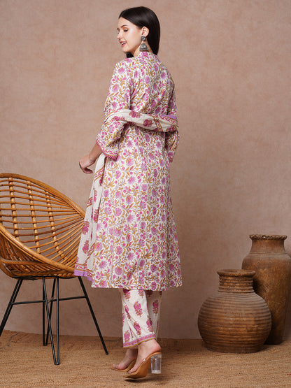 Ethnic Floral Printed & Embroidered A-Line Kurta with Palazzo & Dupatta - White