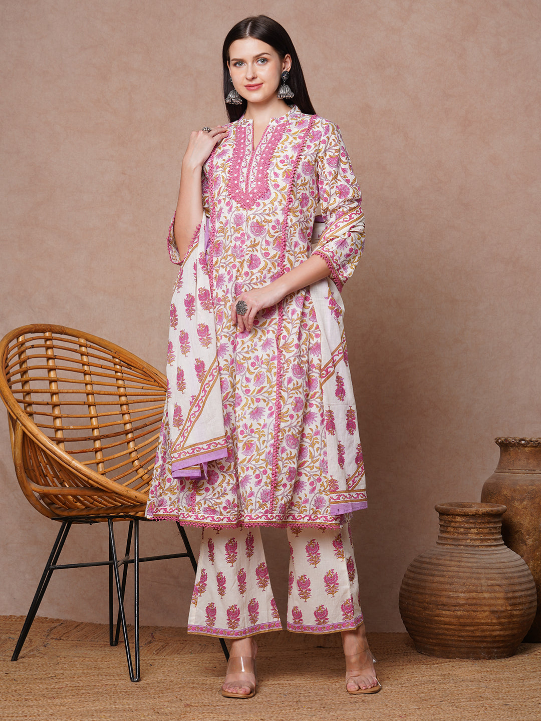 Ethnic Floral Printed & Embroidered A-Line Kurta with Palazzo & Dupatta - White