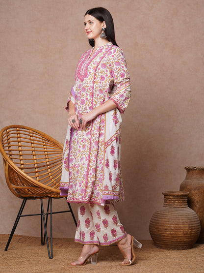 Ethnic Floral Printed & Embroidered A-Line Kurta with Palazzo & Dupatta - White