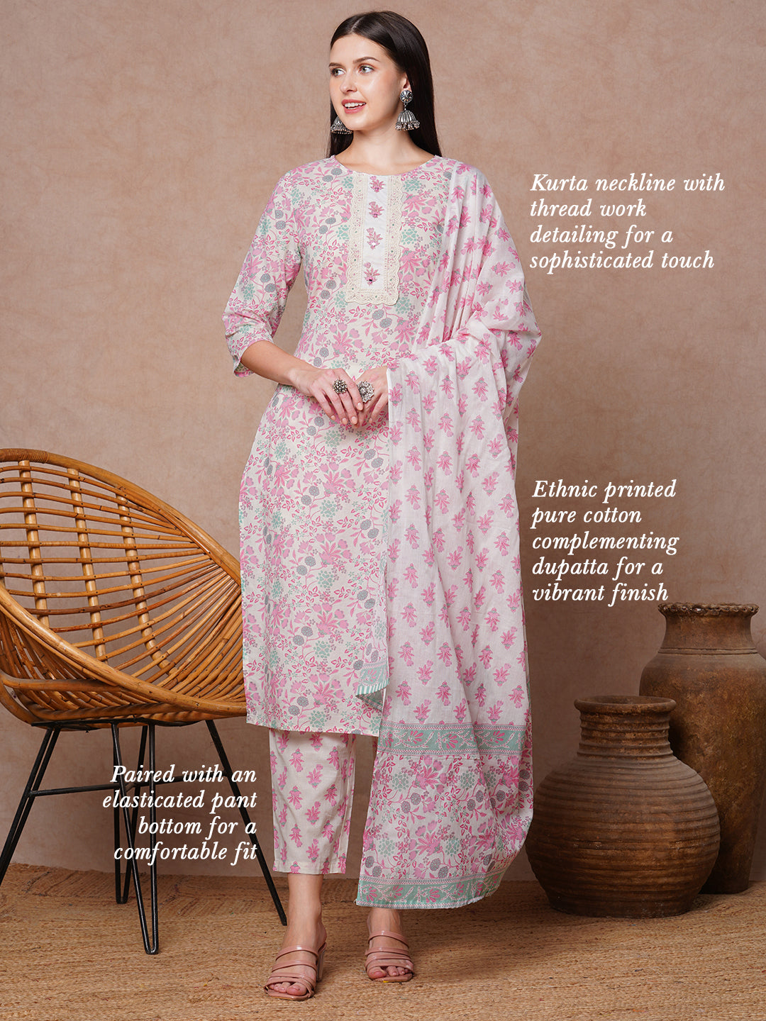 Floral Printed & Embroidered Straight Kurta with Pant & Dupatta - Pink