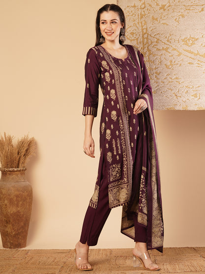 Ethnic Floral Printed Straight Kurta with Pant & Dupatta - Purple