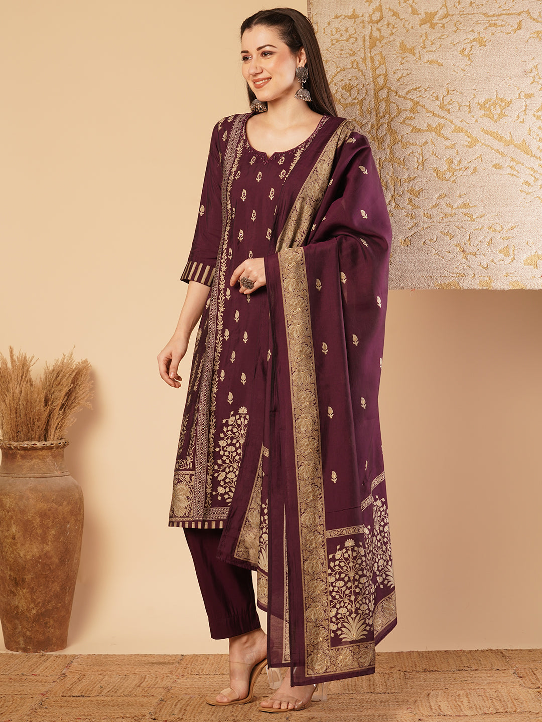 Ethnic Floral Printed Straight Kurta with Pant & Dupatta - Purple